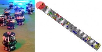 本研究で用いた群ロボットシステムARGOS(左)と、計算機上でのシミュレーションの様子(右)