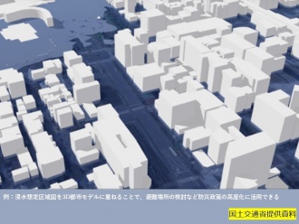 例:浸水想定区域図を3D都市モデルに重ねることで、避難場所の検討など防災政策の高度化に活用できる