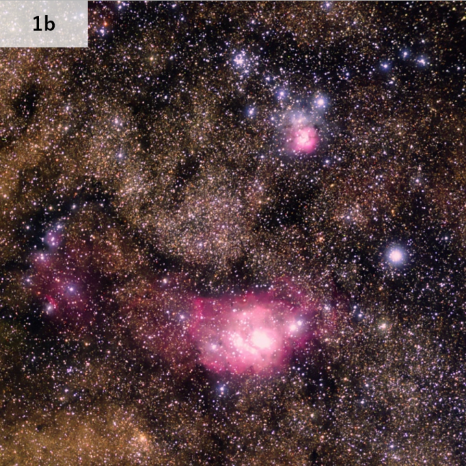 Figure 1. Multicolor composite images of the Cygnus Loop (a), Lagoon Nebula (b), and North America Nebula (c), acquired with the visible-light observation instrument aboard VERTECS. Brightness and contrast have been adjusted to make the astronomical objec
