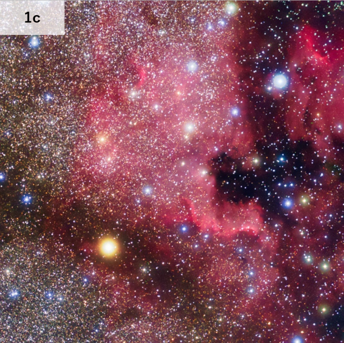 Figure 1. Multicolor composite images of the Cygnus Loop (a), Lagoon Nebula (b), and North America Nebula (c), acquired with the visible-light observation instrument aboard VERTECS. Brightness and contrast have been adjusted to make the astronomical objec