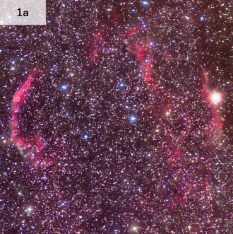 Figure 1. Multicolor composite images of the Cygnus Loop (a), Lagoon Nebula (b), and North America Nebula (c), acquired with the visible-light observation instrument aboard VERTECS. Brightness and contrast have been adjusted to make the astronomical objec